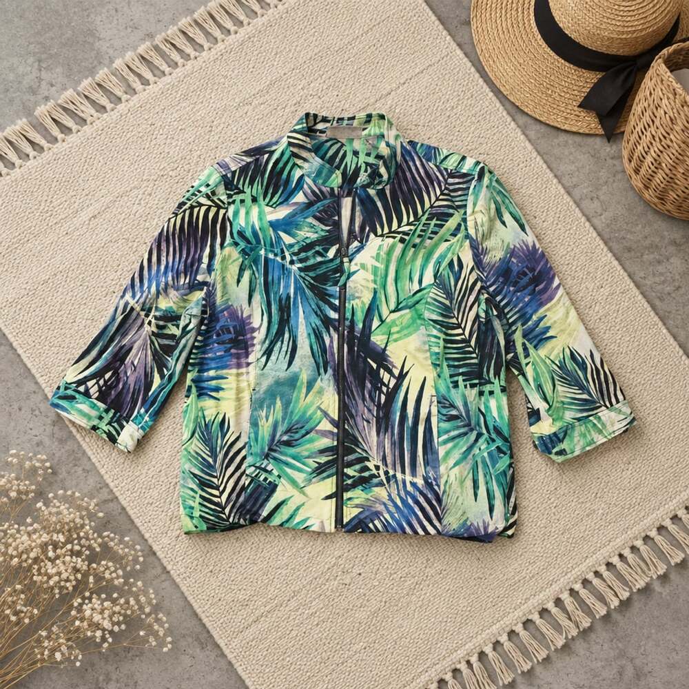 Chico’s Size 3 XL Tropical Palm Leaf Print Zip Jacket Blue Green Resort